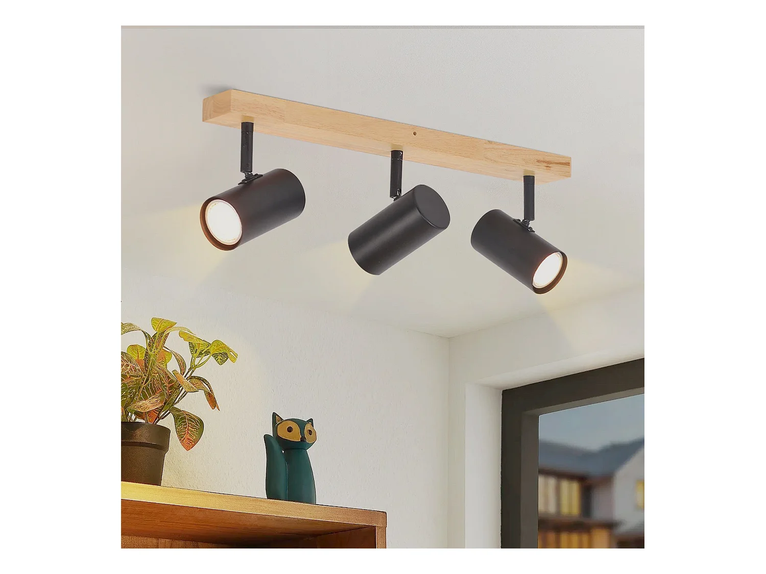 NETTLIFE Opbouwspot GU10 3 Vlam - Zwart - Metaal en Hout - Retro Plafondspot - Draaibaar 350° Plafondlamp - voor Woonkamer Slaapkamer Keuken - Max.25W