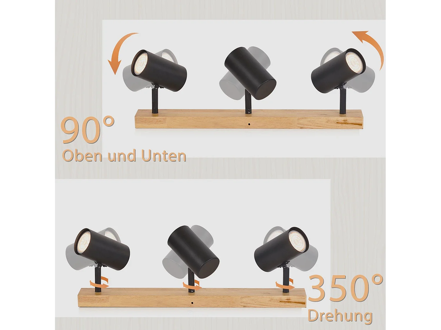 NETTLIFE 3 Spots de plafond noir bois GU10 vintage rétro métal réglables à 350°pour couloir chambre salon bureau (ampoules non incluses)