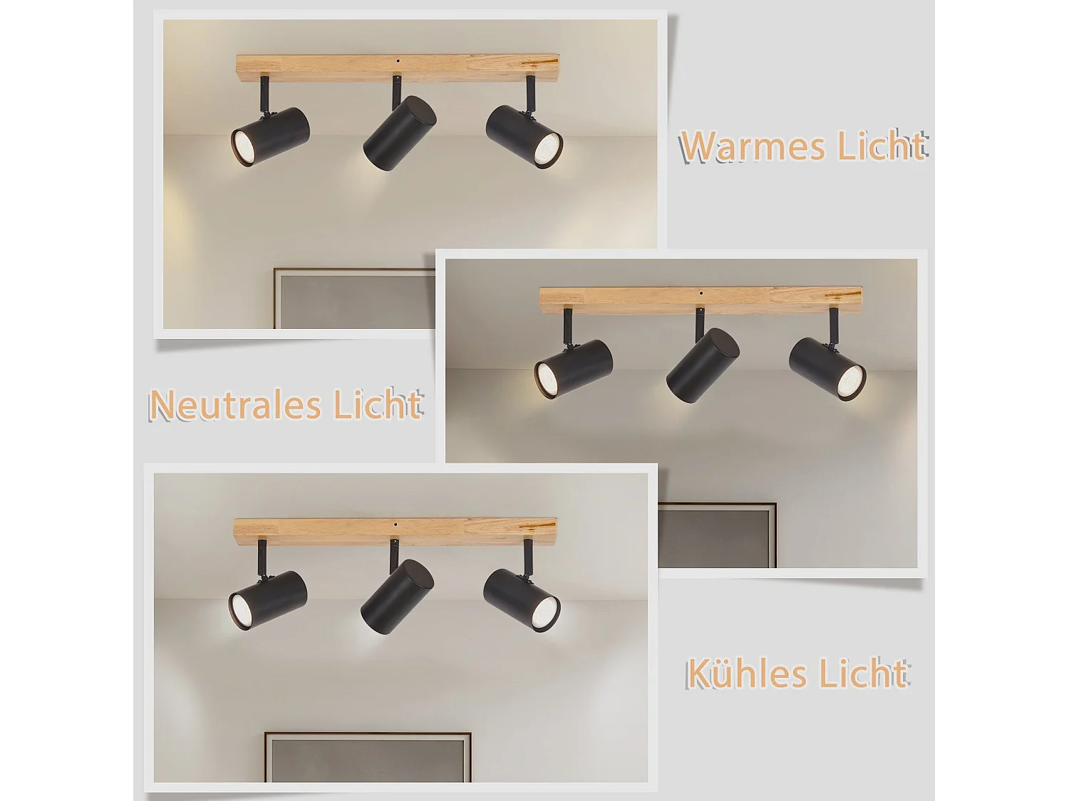 NETTLIFE 3 Spots de plafond noir bois GU10 vintage rétro métal réglables à 350°pour couloir chambre salon bureau (ampoules non incluses)