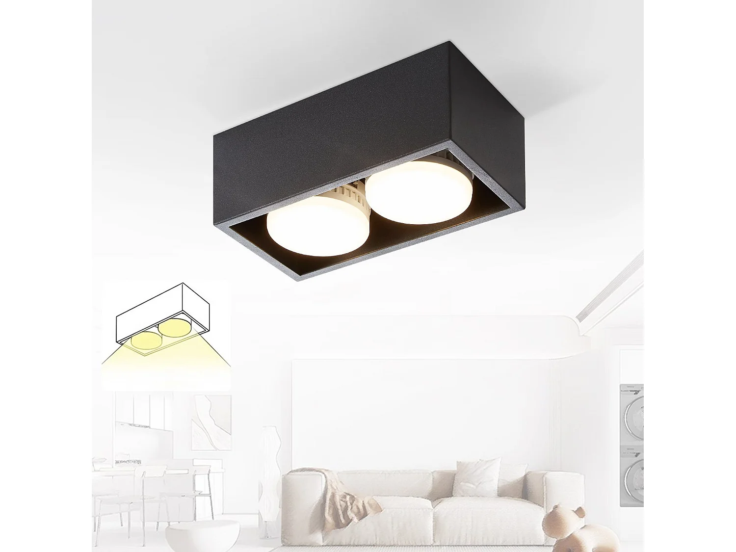 NETTLIFE 2 Spots de plafond en saillie noir avec lumière orientable blanc chaud moderne 2x5W GX53 carré plat pour cuisine salon salle à manger