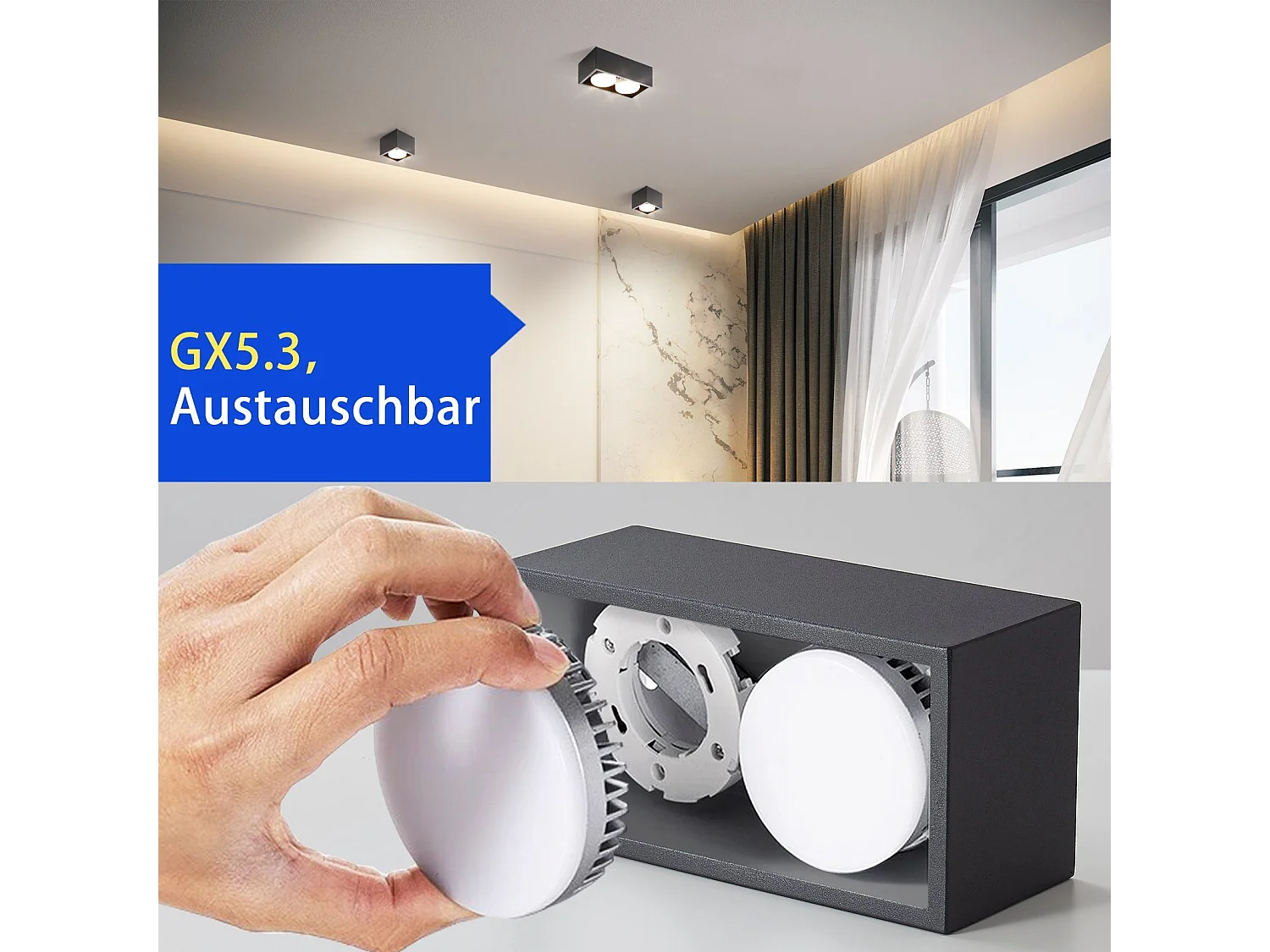 NETTLIFE 2 Spots de plafond en saillie noir avec lumière orientable blanc chaud moderne 2x5W GX53 carré plat pour cuisine salon salle à manger