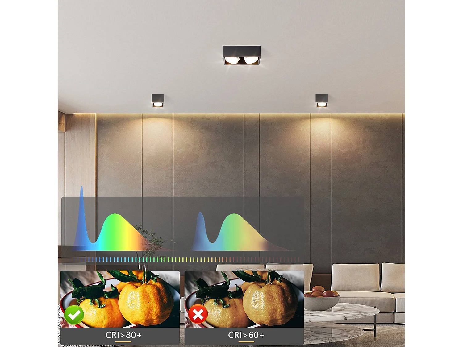 NETTLIFE 2 Spots de plafond en saillie noir avec lumière orientable blanc chaud moderne 2x5W GX53 carré plat pour cuisine salon salle à manger