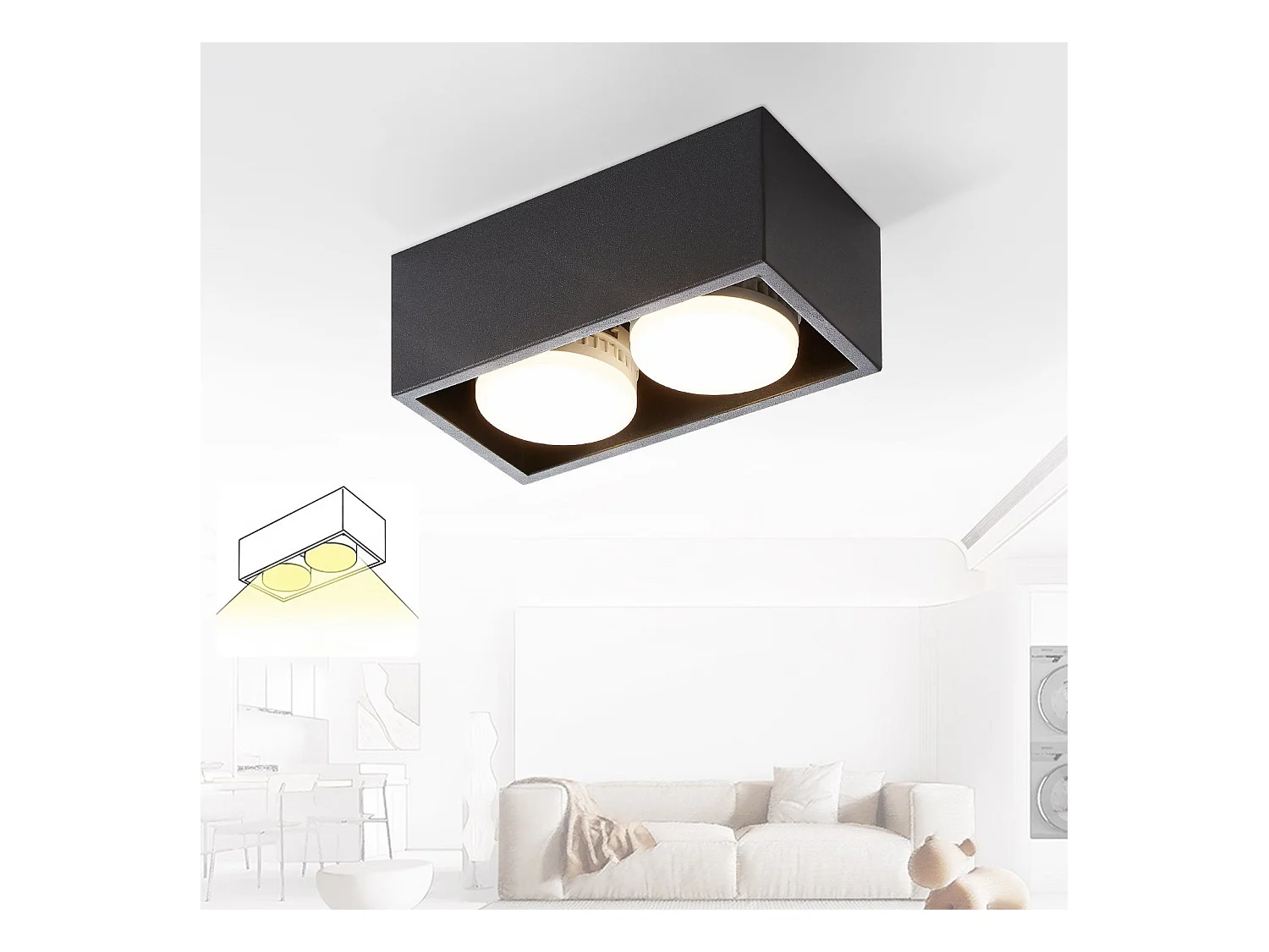 NETTLIFE 2 Spots de plafond en saillie noir avec lumière orientable blanc chaud moderne 2x5W GX53 carré plat pour cuisine salon salle à manger
