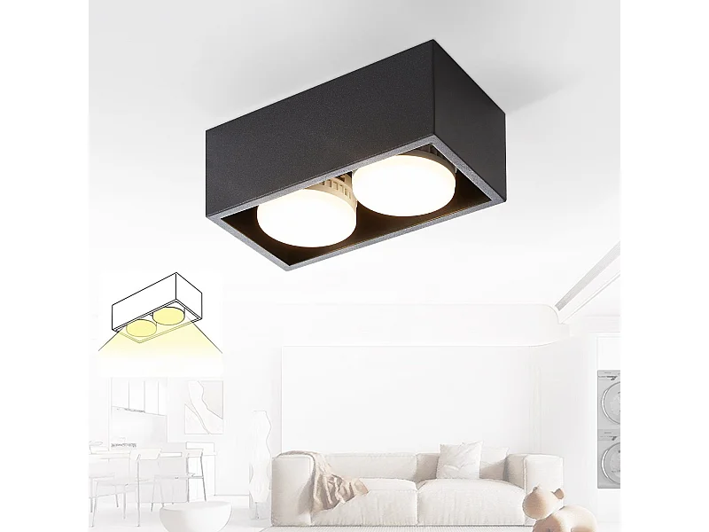 NETTLIFE 2 schwarze Deckenstrahler zur Oberflächenmontage mit verstellbarem warmweißem Licht, modern, 2 x 5 W GX53, quadratisch