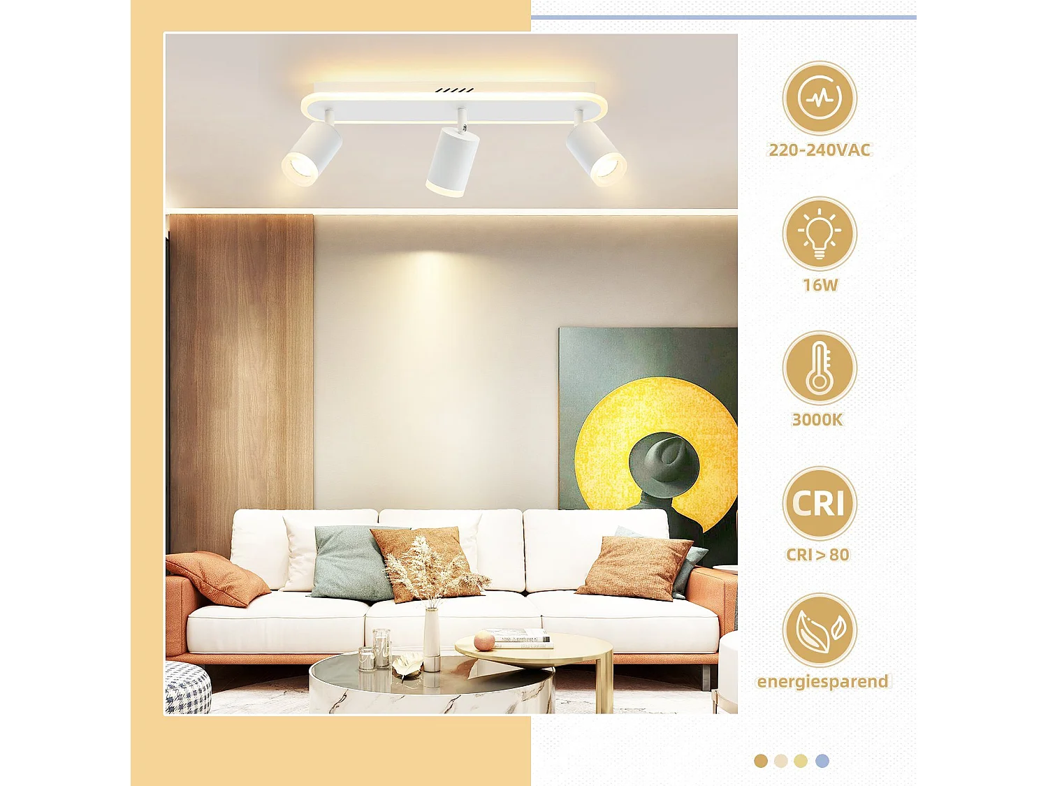 NETTLIFE, 3 LED - Deckenleuchten, warmweiß, GU10, aus Metall, drehbar um 330°, geeignet für Flur, Esszimmer, Küche und Wohnzimmer.