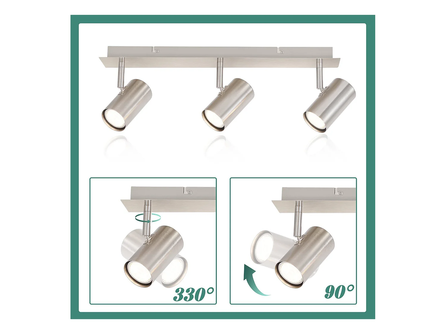 NETTLIFE Opbouwspot rechthoekig nikkel 3-lichts GU10 Fitting  330° draaibar Plafondspot L 47cm  Plafondlamp voor Woonkamer Hal Keuken Zonder Lichtborn Max.25W