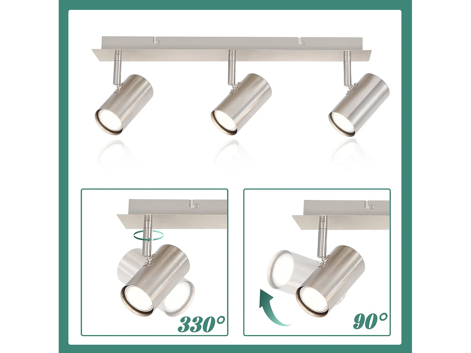 NETTLIFE 3 Spots de plafond nickel GU10 pivotants à 330°pour couloir salon chambre cuisine bureau spot mural moderne lampe de couloir