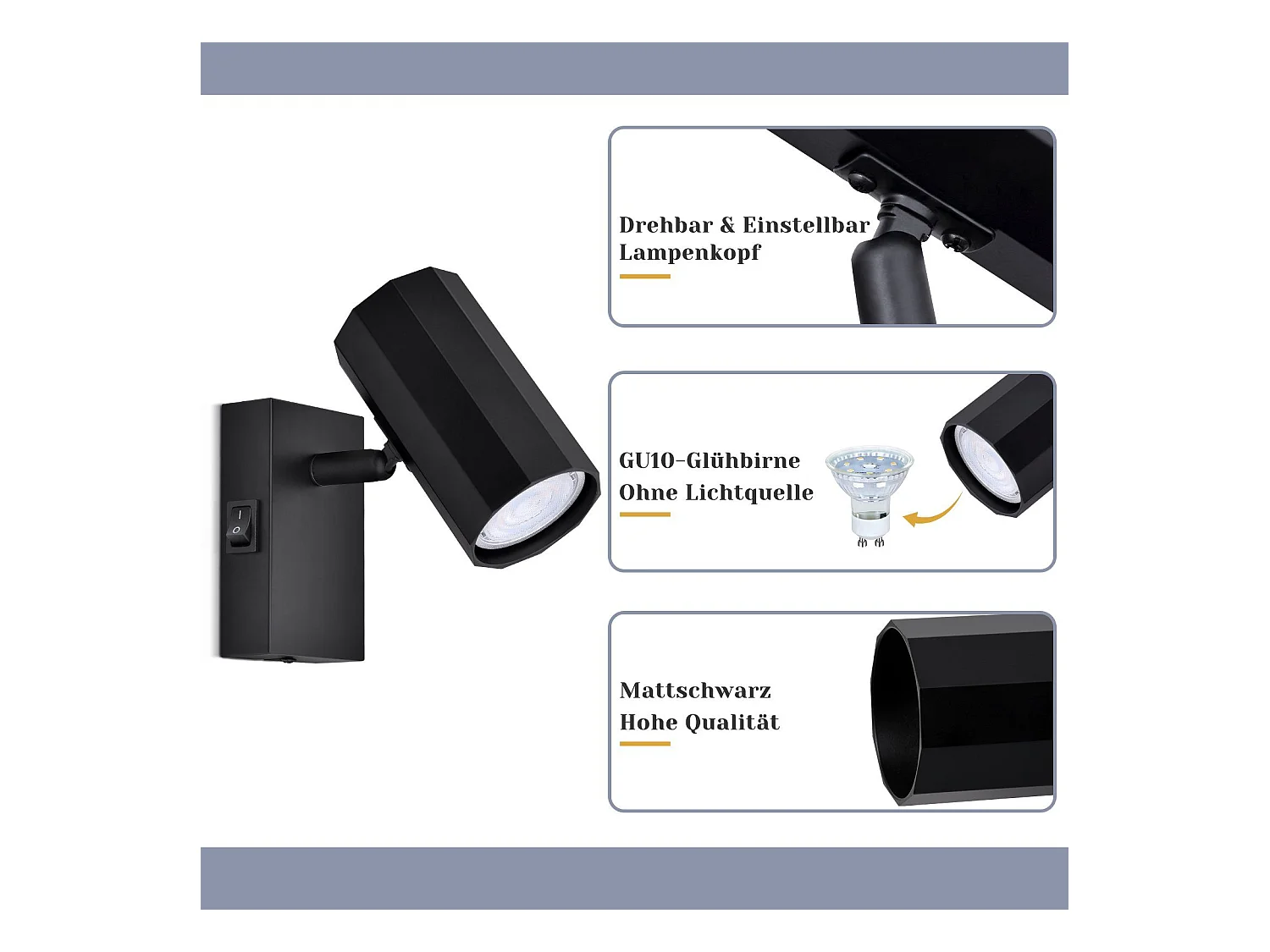 NETTLIFE Spot mural 1 flamme noir - Applique avec interrupteur métal GU10 Lampe de couloir orientable 350° MAX. 40W