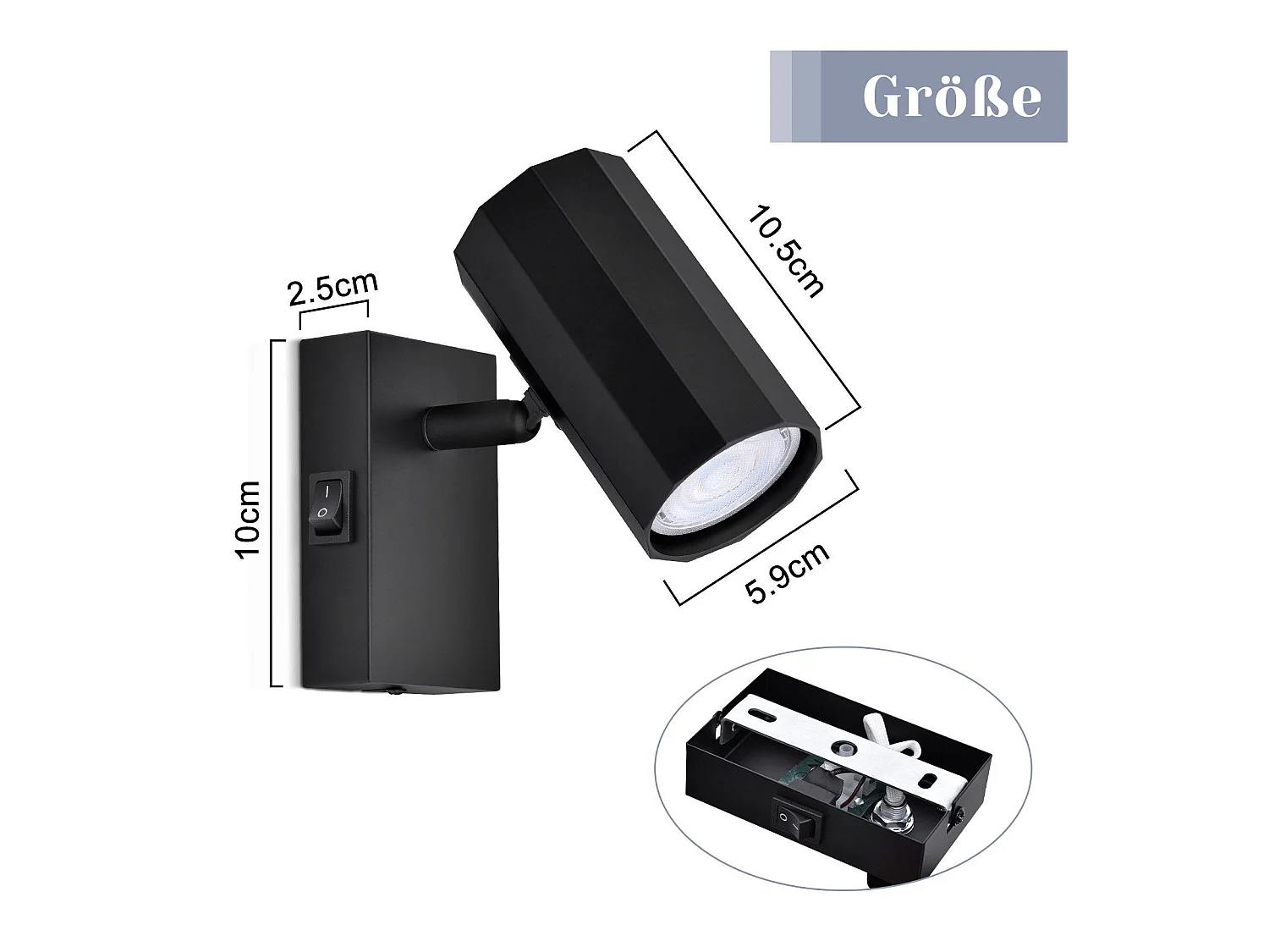 NETTLIFE Spot mural 1 flamme noir - Applique avec interrupteur métal GU10 Lampe de couloir orientable 350° MAX. 40W