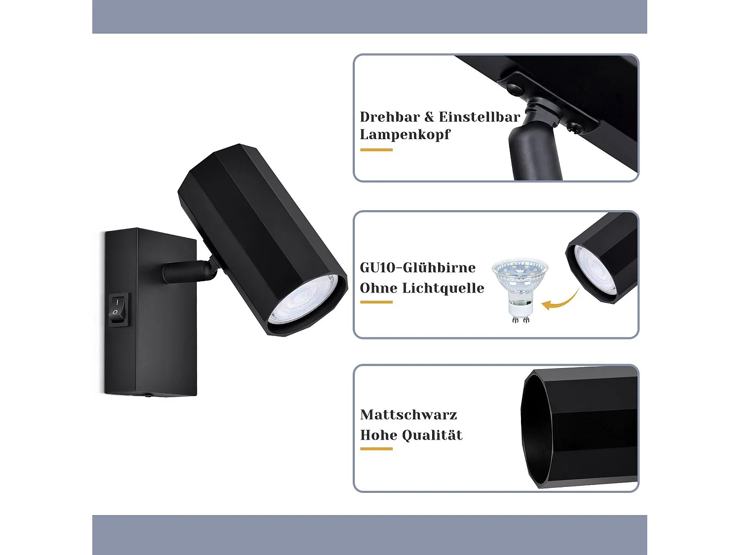 NETTLIFE Spot mural 1 flamme noir - Applique avec interrupteur métal GU10 Lampe de couloir orientable 350° MAX. 40W