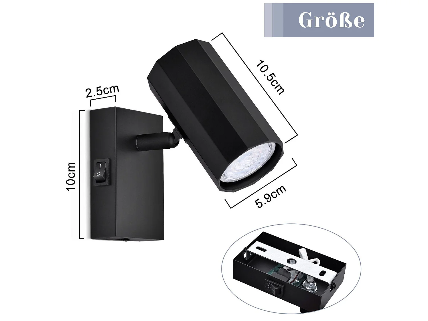 NETTLIFE Spot mural 1 flamme noir - Applique avec interrupteur métal GU10 Lampe de couloir orientable 350° MAX. 40W
