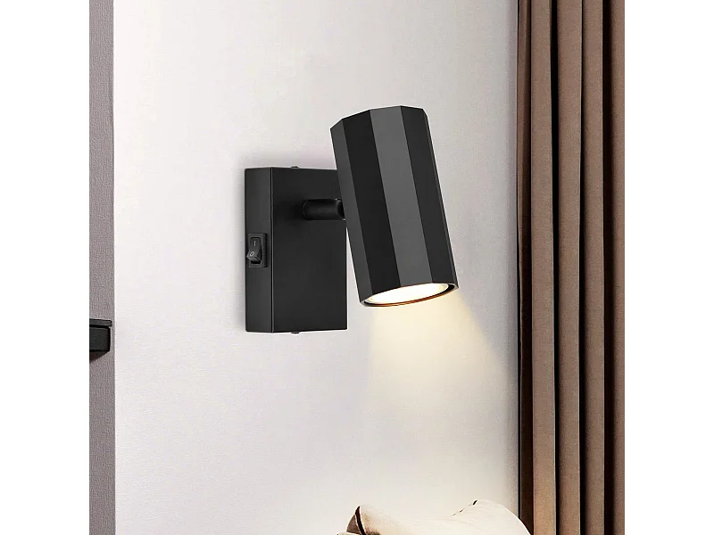 NETTLIFE Foco de pared 1 llama negra - Lámpara de pared con interruptor metálico GU10 Lámpara de pasillo orientable 350° MAX. 40W
