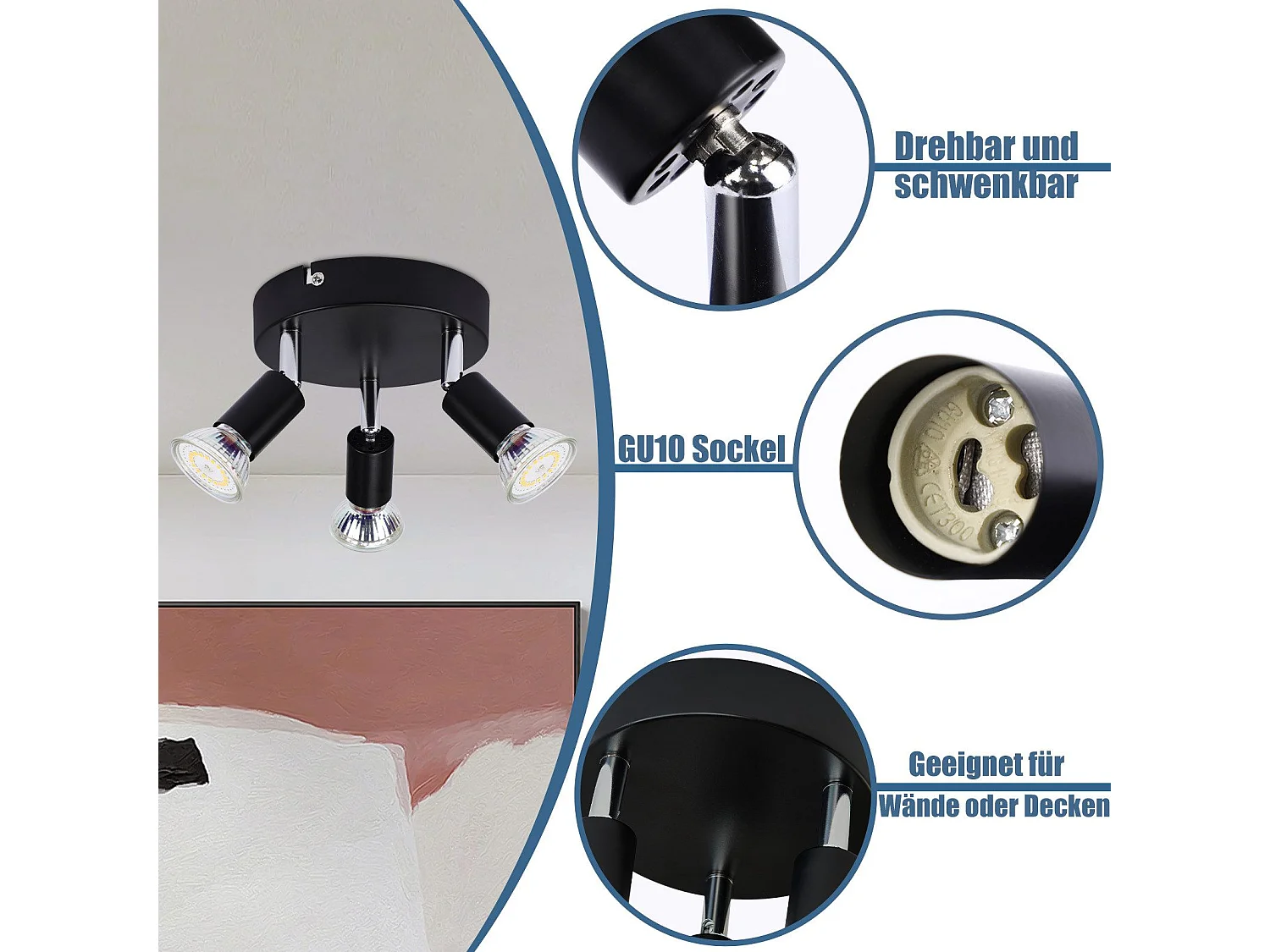 NETTLIFE 3 spots de plafond GU10 métal noir orientables style industriel pour couloir intérieur cuisine salon chambre salle à manger