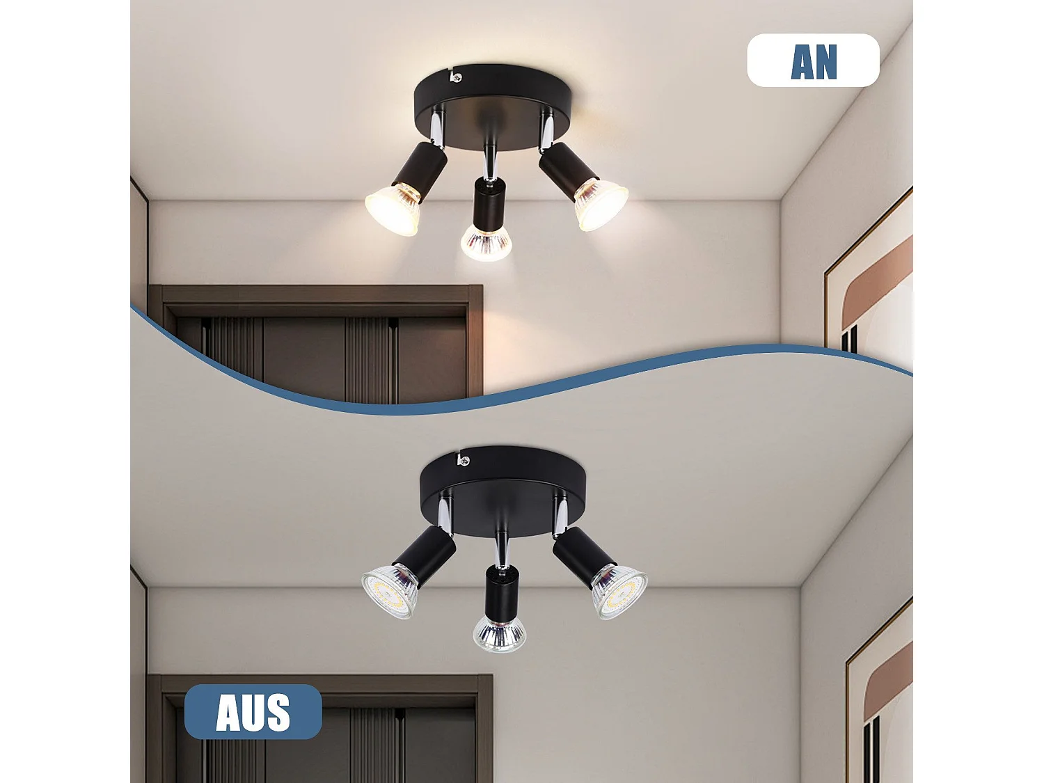 NETTLIFE 3 spots de plafond GU10 métal noir orientables style industriel pour couloir intérieur cuisine salon chambre salle à manger