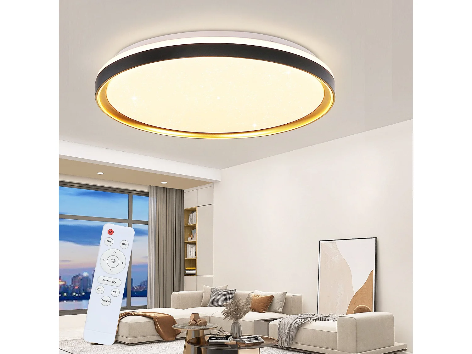 NETTLIFE Plafonnier LED Lampe de Salon Noir Or Ø 40 cm Lampe de Chambre à Intensité Variable avec Télécommande 21 W Lampe Moderne Ronde pour Cuisine