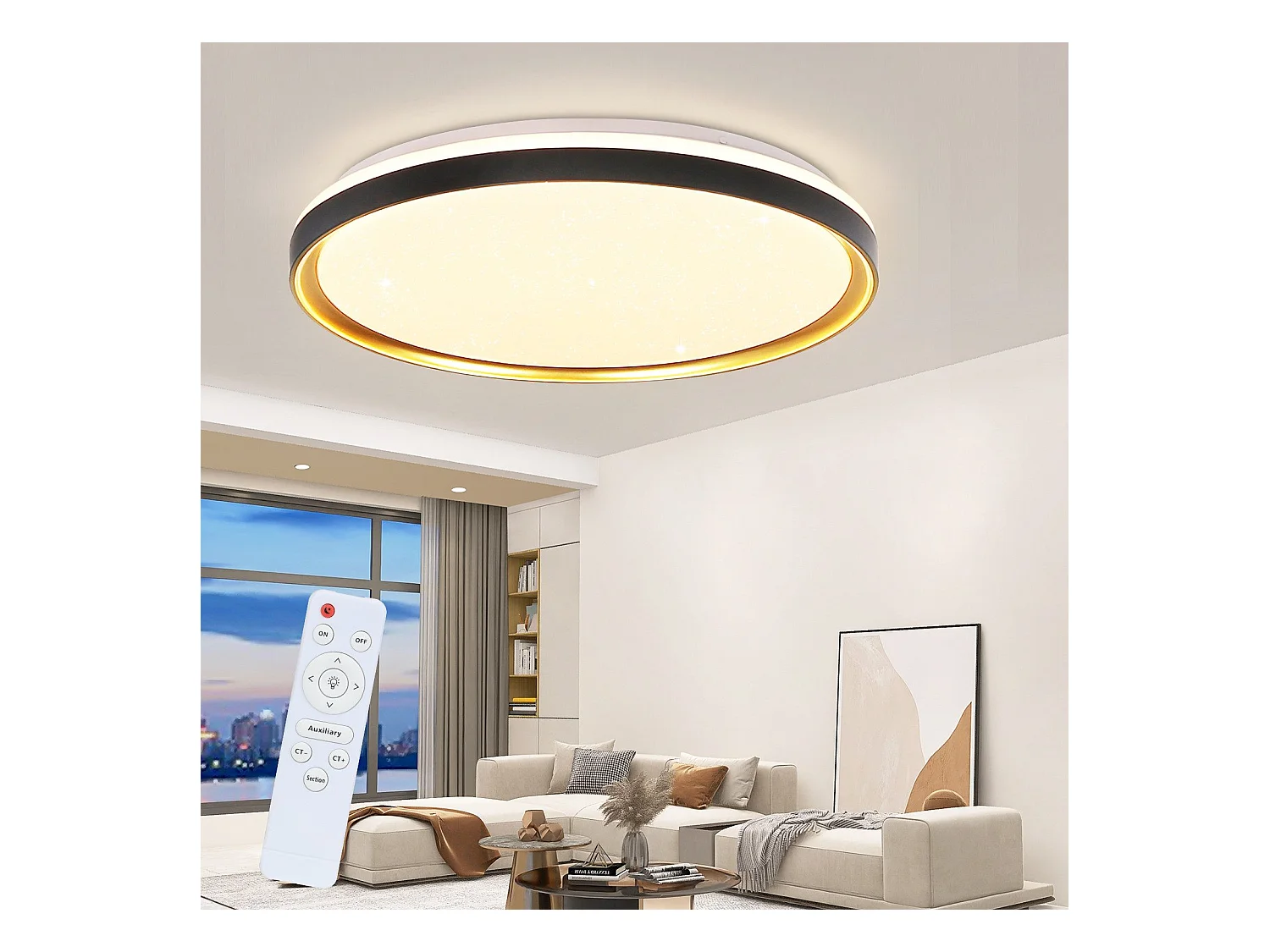 NETTLIFE Plafonnier LED Lampe de Salon Noir Or Ø 40 cm Lampe de Chambre à Intensité Variable avec Télécommande 21 W Lampe Moderne Ronde pour Cuisine