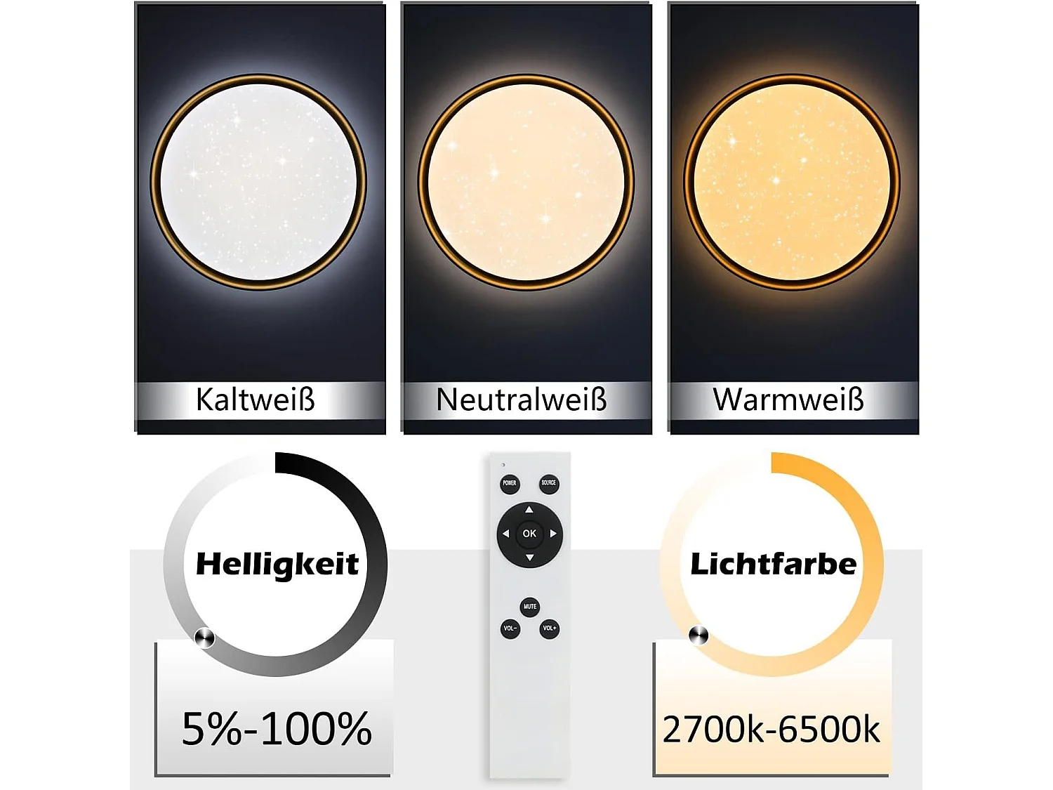 NETTLIFE Plafonnier LED Lampe de Salon Noir Or Ø 40 cm Lampe de Chambre à Intensité Variable avec Télécommande 21 W Lampe Moderne Ronde pour Cuisine