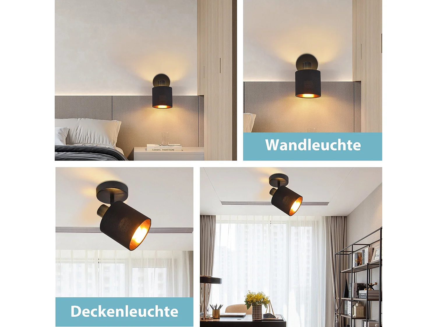 NETTLIFE Spot de Plafond MAX.40W Plafonnier Noir Vintage E14 Spot Mural Écran en Tissu Pivotant 350° pour Salon Chambre Couloir (Sans Ampoule)