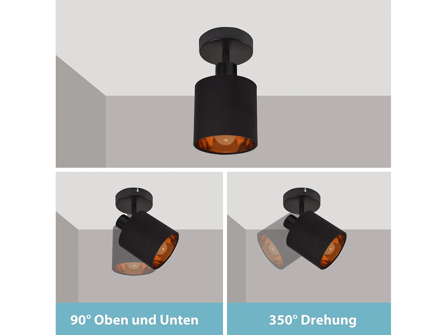 NETTLIFE Deckenstrahler MAX.40W Vintage Schwarz Deckenleuchte E14 Wandstrahler Stoffschirm 350° Drehbar für Wohnzimmer Schlafzimmer Flur (Ohne Leuchtmittel)