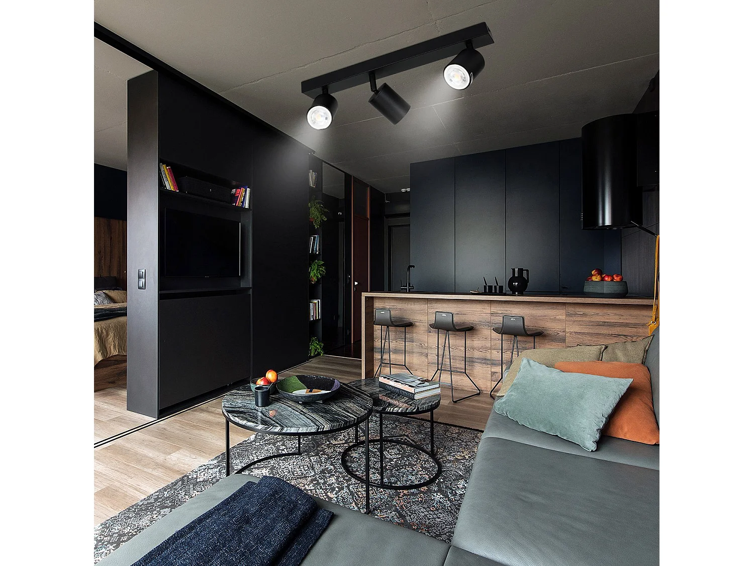 NETTLIFE 3 Spots Max.25w LED Noir GU10 Plafonnier 350° Pivotant Lampe de Couloir Moderne Applique Murale Industrielle pour Salon Chambre Cuisine