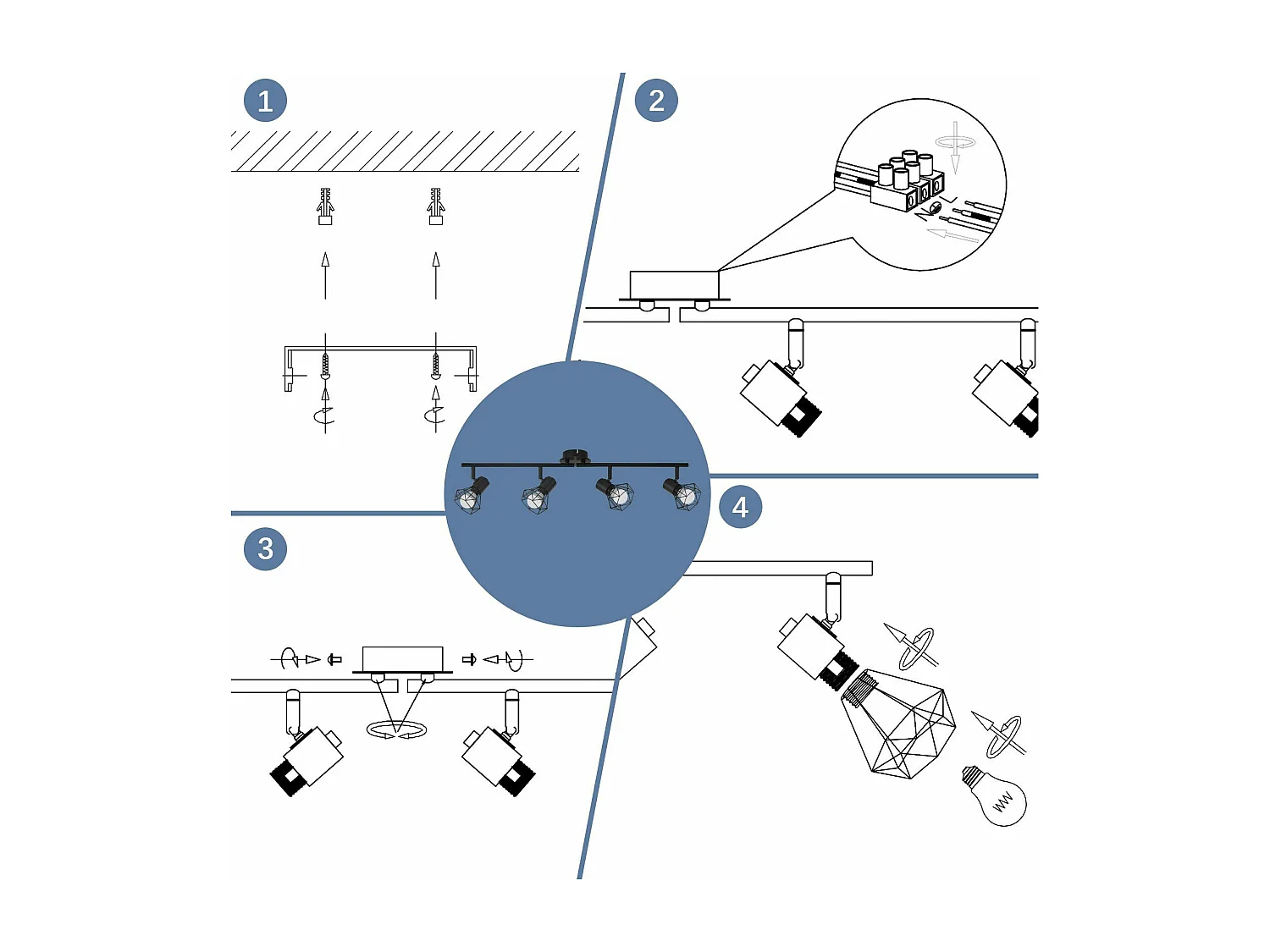 NETTLIFE 4 Czarne reflektory sufitowe Vintage Retro E14 Przemysłowe Obrotowe 350° Metal do wnętrz do salonu Sypialnia dziecięca Kuchnia