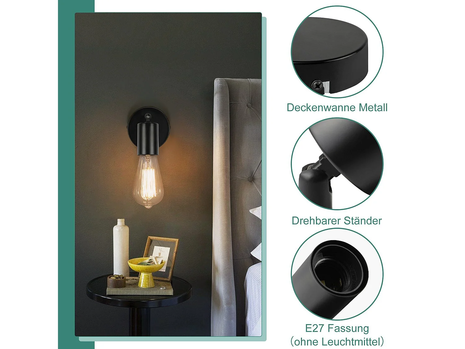 NETTLIFE Spot E27 noir lampe murale vintage pivotante à 350°lampe de cuisine pour salon, chambre à coucher Max.40 W