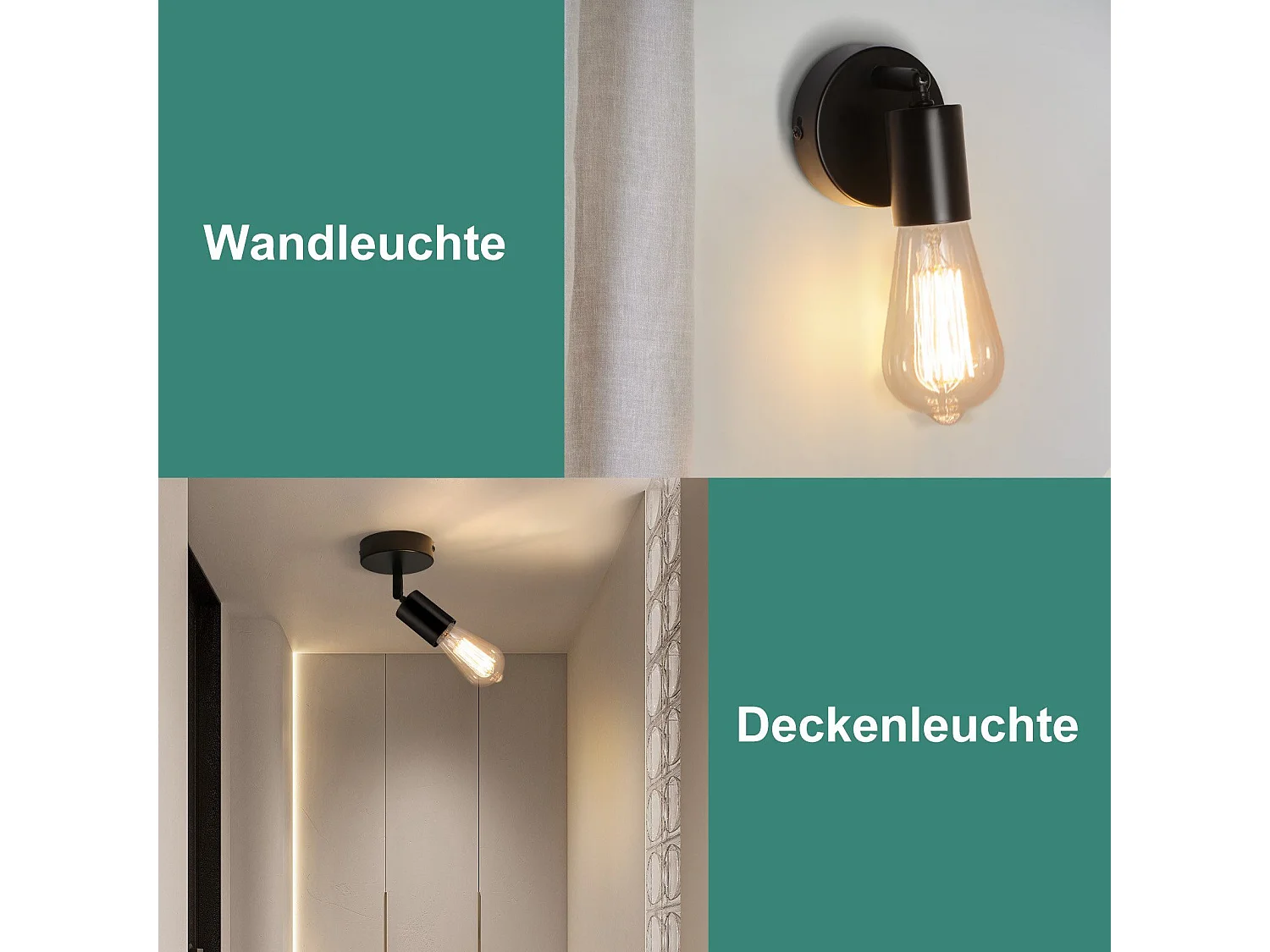 NETTLIFE Spot E27 noir lampe murale vintage pivotante à 350°lampe de cuisine pour salon, chambre à coucher Max.40 W