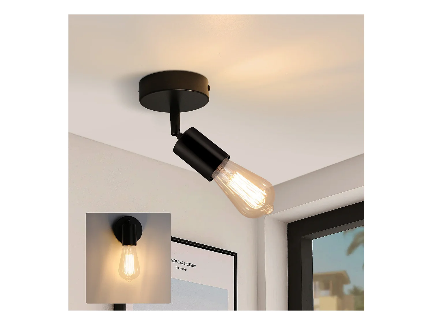 NETTLIFE Spot E27 noir lampe murale vintage pivotante à 350°lampe de cuisine pour salon, chambre à coucher Max.40 W