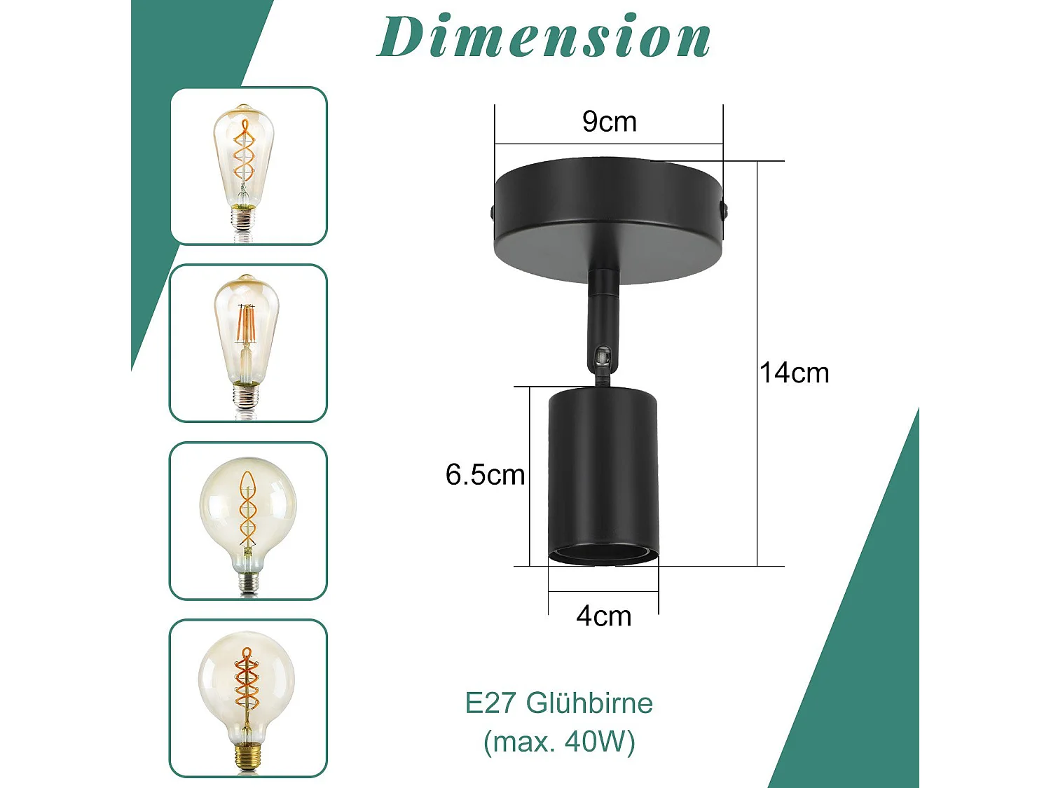 NETTLIFE Spot E27 noir lampe murale vintage pivotante à 350°lampe de cuisine pour salon, chambre à coucher Max.40 W
