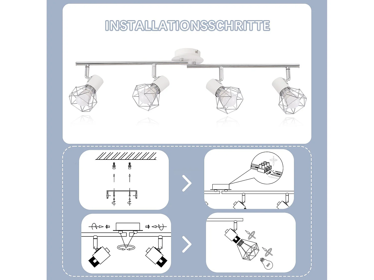 NETTLIFE 4 Spots de plafond vintage industriel rétro E14 pivotants à 350°métal blanc lumineux pour intérieur cuisine salon chambre d'enfant