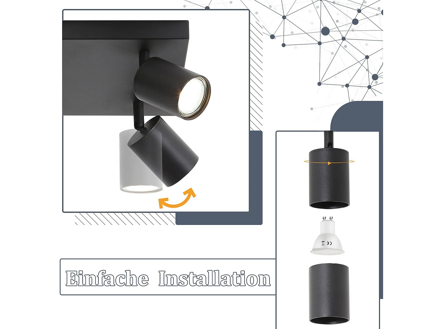 NETTLIFE 4er LED Deckenstrahler GU10 Schwarz 330° Drehbar Moderne Industrielle Wandleuchte für Wohnzimmer Schlafzimmer Küche Ohne Leuchtmittel