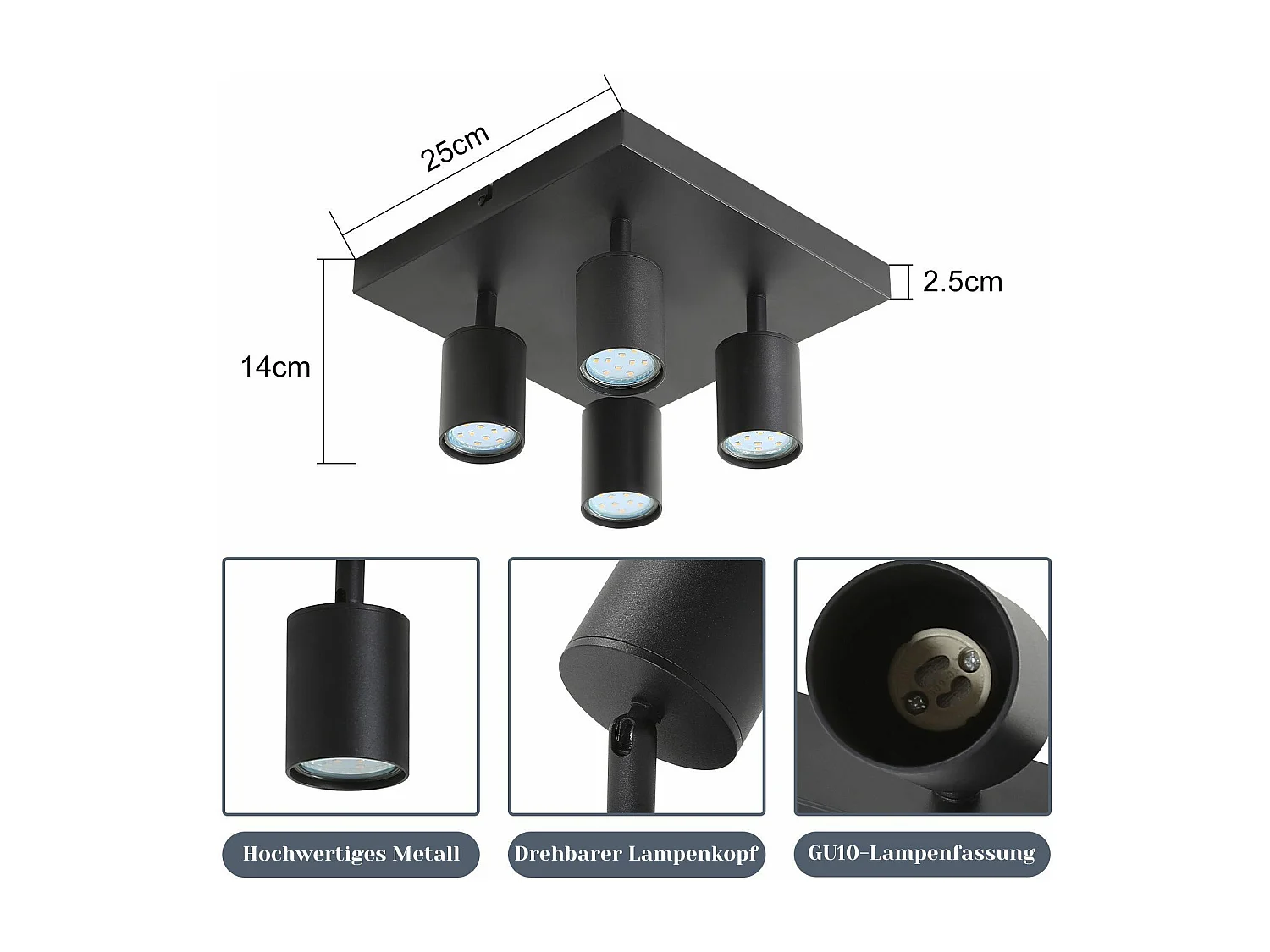 NETTLIFE 4er LED Deckenstrahler GU10 Schwarz 330° Drehbar Moderne Industrielle Wandleuchte für Wohnzimmer Schlafzimmer Küche Ohne Leuchtmittel