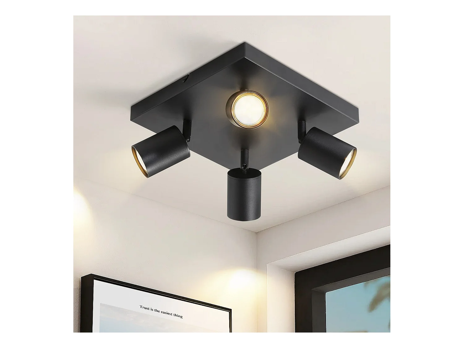 NETTLIFE 4 spots de plafond LED plafonnier GU10 noirs orientables à 330°, mural industriel moderne pour salon chambre cuisine sans ampoule