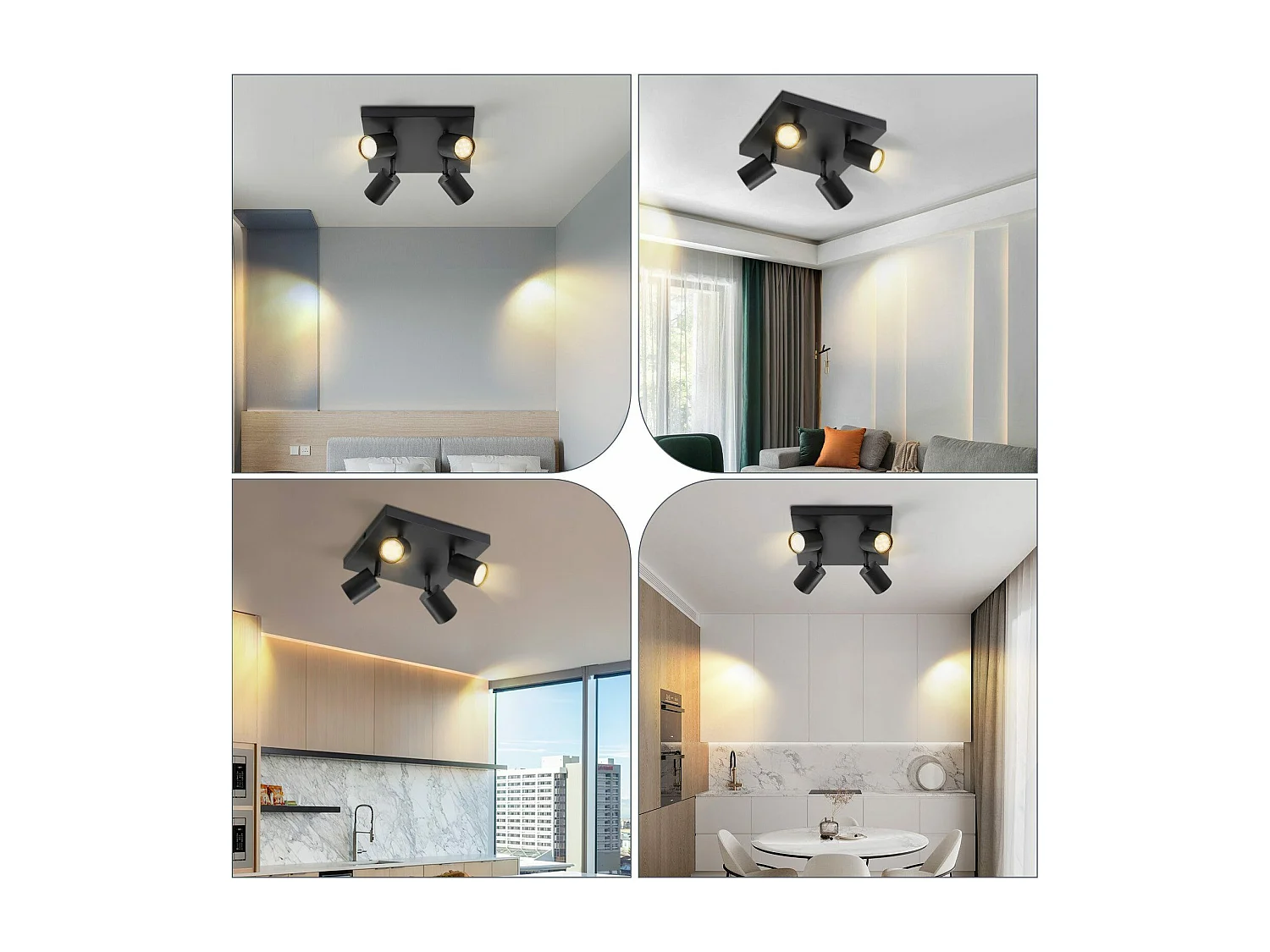 NETTLIFE 4 spots de plafond LED plafonnier GU10 noirs orientables à 330°, mural industriel moderne pour salon chambre cuisine sans ampoule