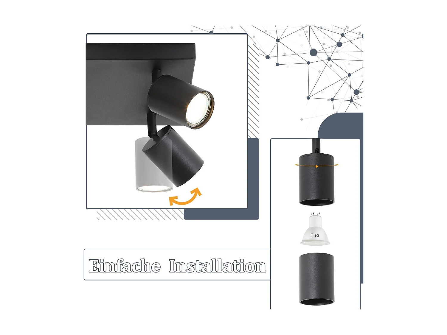 NETTLIFE 4 spots de plafond LED plafonnier GU10 noirs orientables à 330°, mural industriel moderne pour salon chambre cuisine sans ampoule