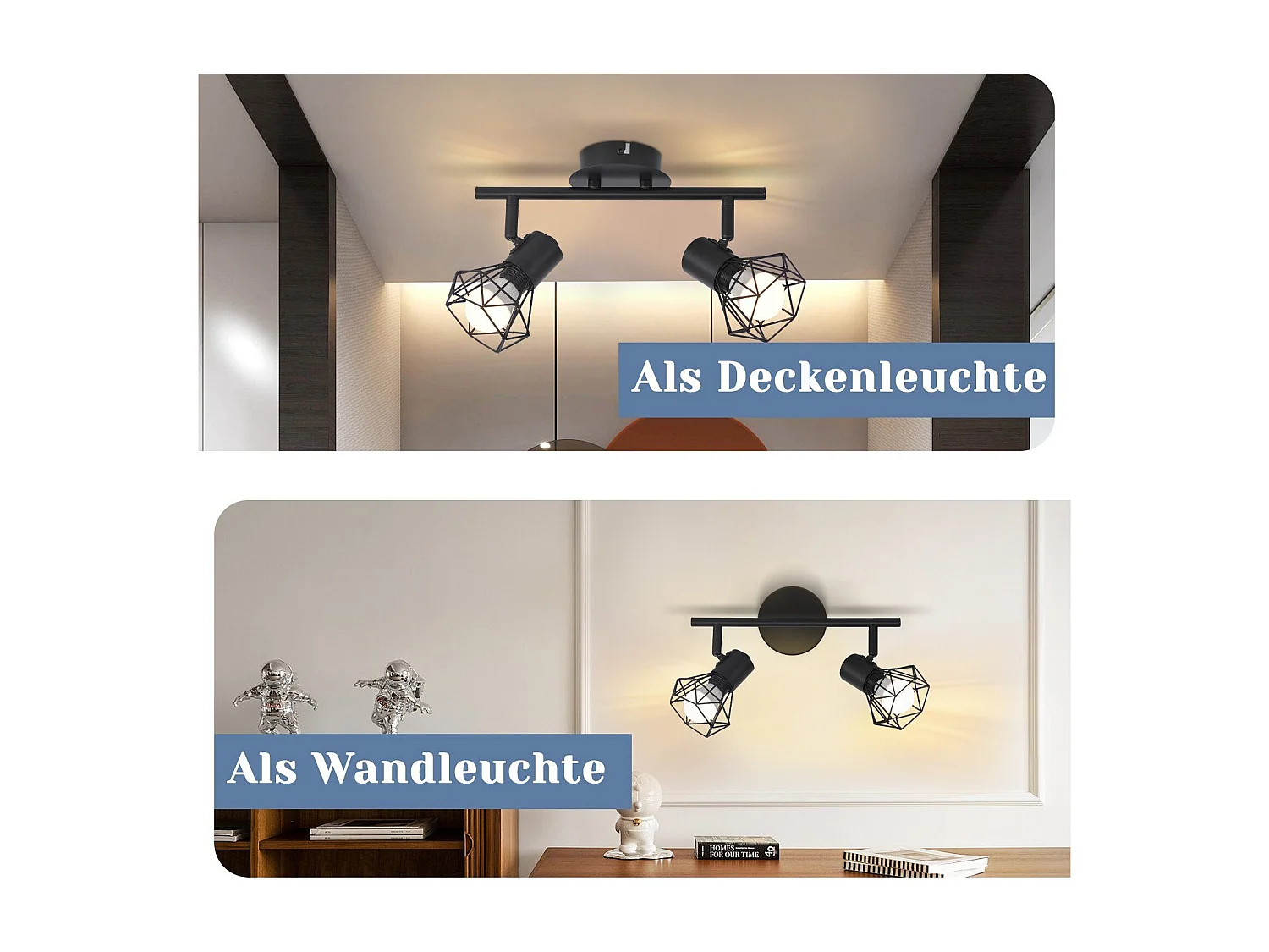 NETTLIFE 2 Spots de Plafond Flamme Vintage Noir E14 Réglables à 350° Industriels Rétro pour Couloir Salon Chambre Cuisine Salle à Manger