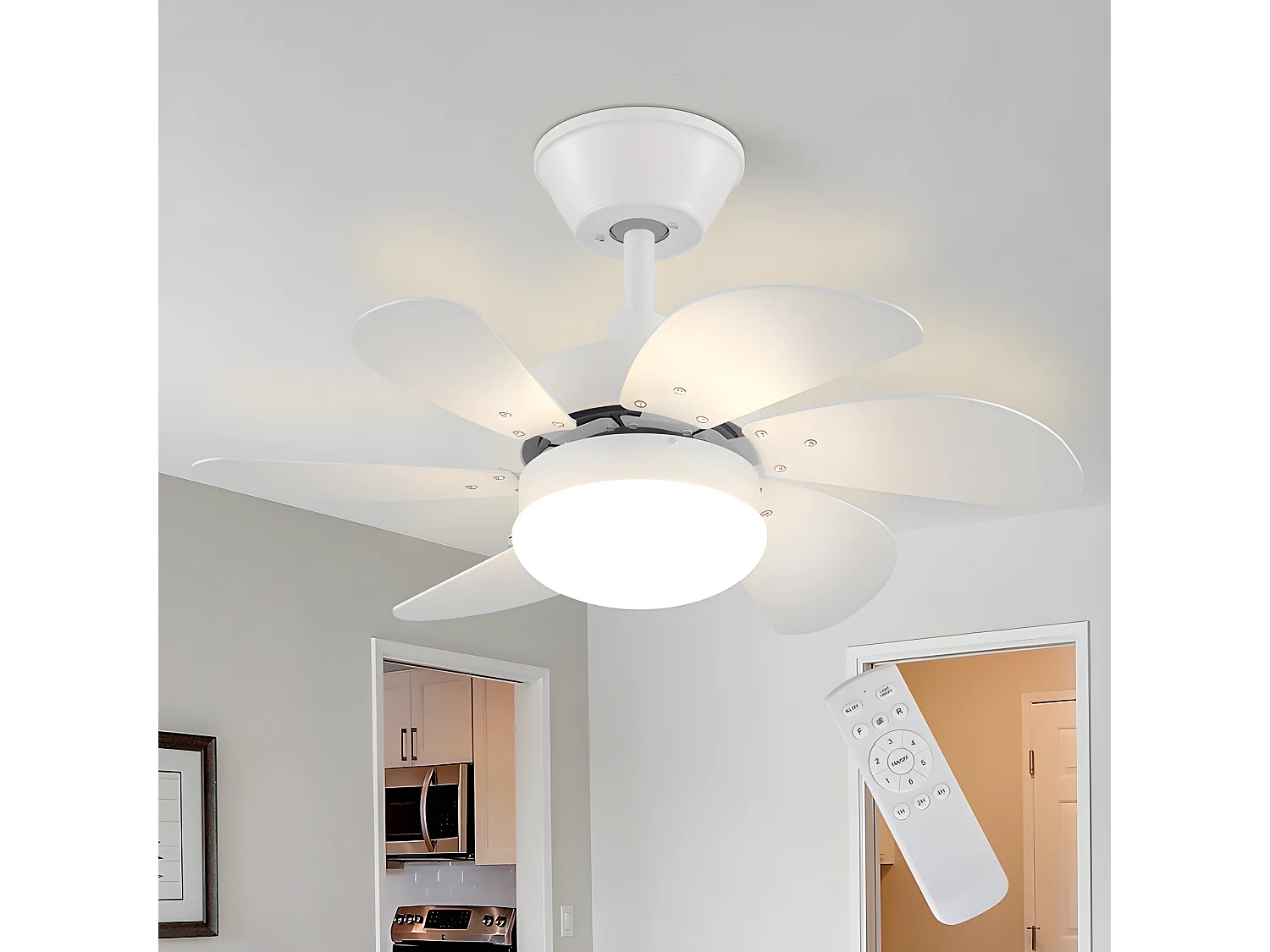 NETTLIFE Biały wentylator sufitowy ze światłami, pilotem, cichy, z timerem, 6 łopatkami, do sypialni