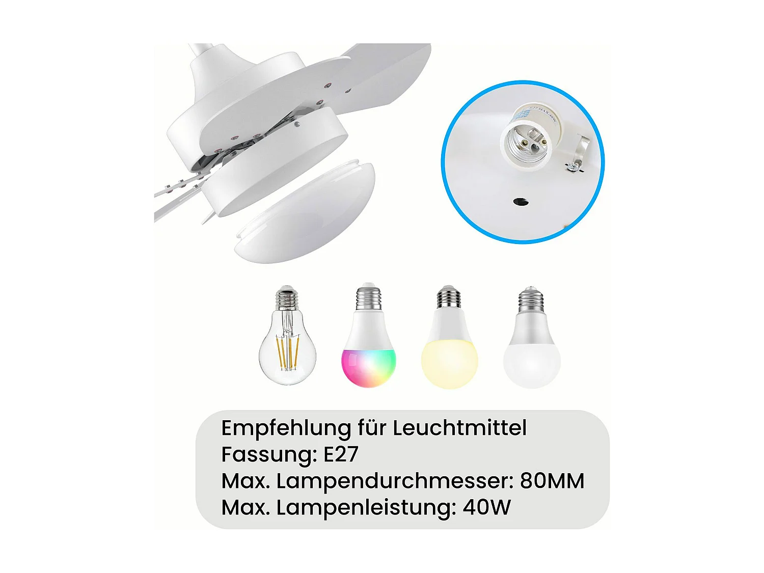 NETTLIFE Biały wentylator sufitowy ze światłami, pilotem, cichy, z timerem, 6 łopatkami, do sypialni