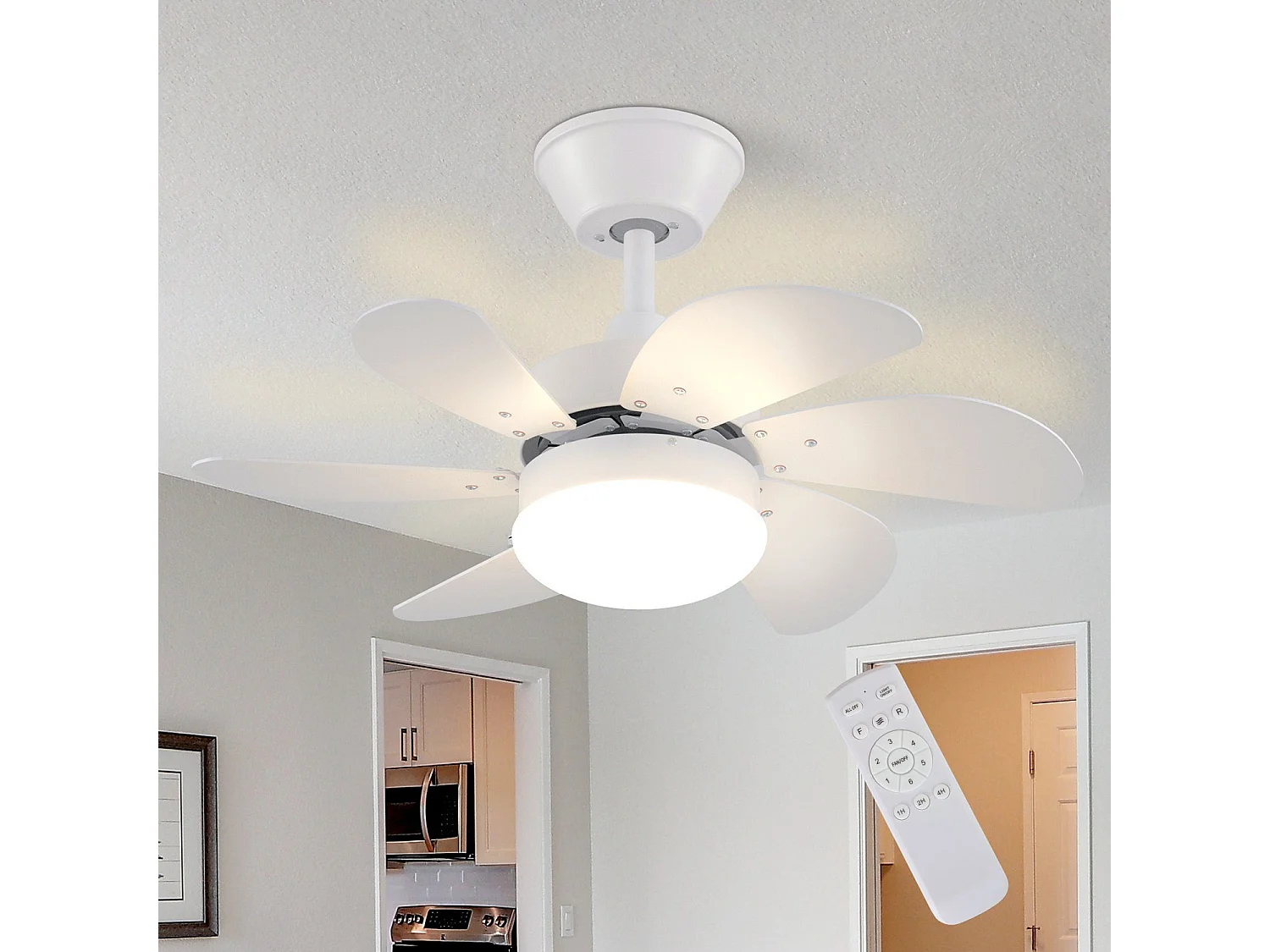 NETTLIFE Ventilateur de plafond blanc avec éclairage, télécommande, silencieux, avec minuterie, 6 pales, pour chambre à coucher