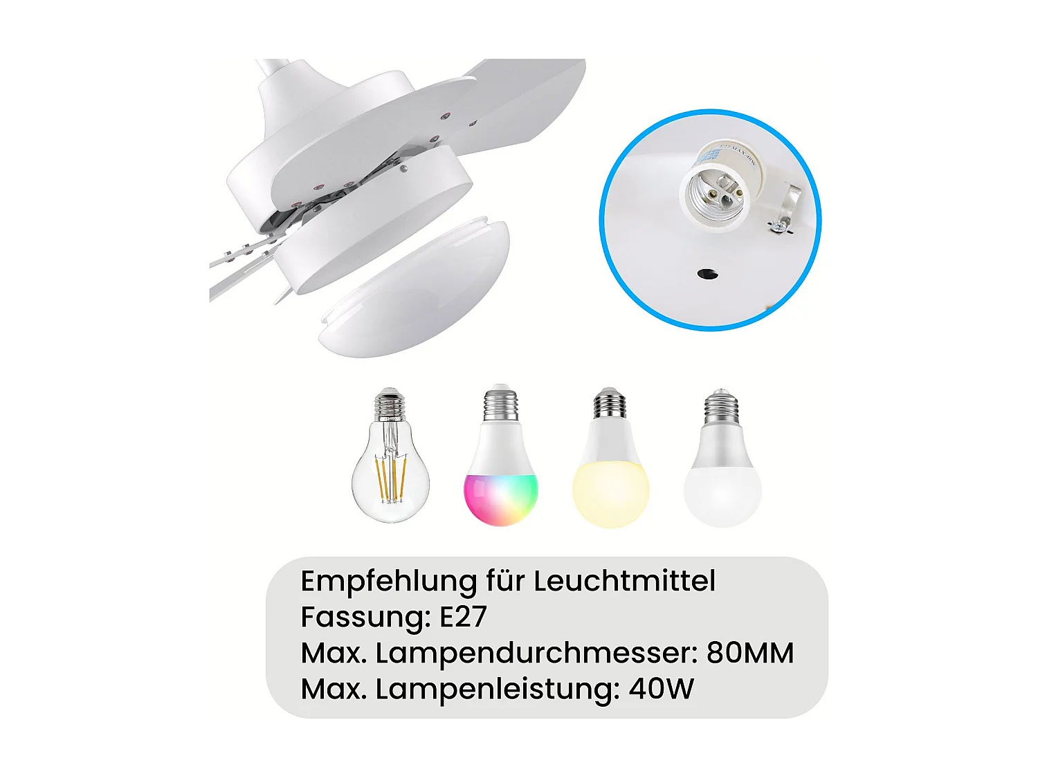 NETTLIFE Ventilateur de plafond blanc avec éclairage, télécommande, silencieux, avec minuterie, 6 pales, pour chambre à coucher