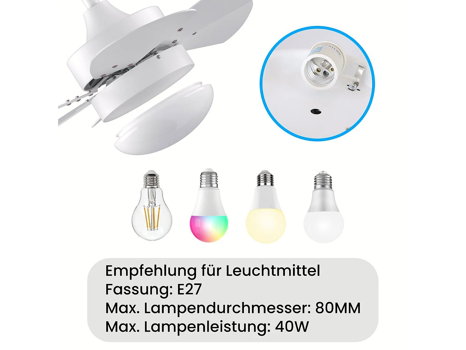 Ventilatore da soffitto NETTLIFE bianco con luce, telecomando, funzionamento silenzioso, timer, 6 pale, per camera da letto