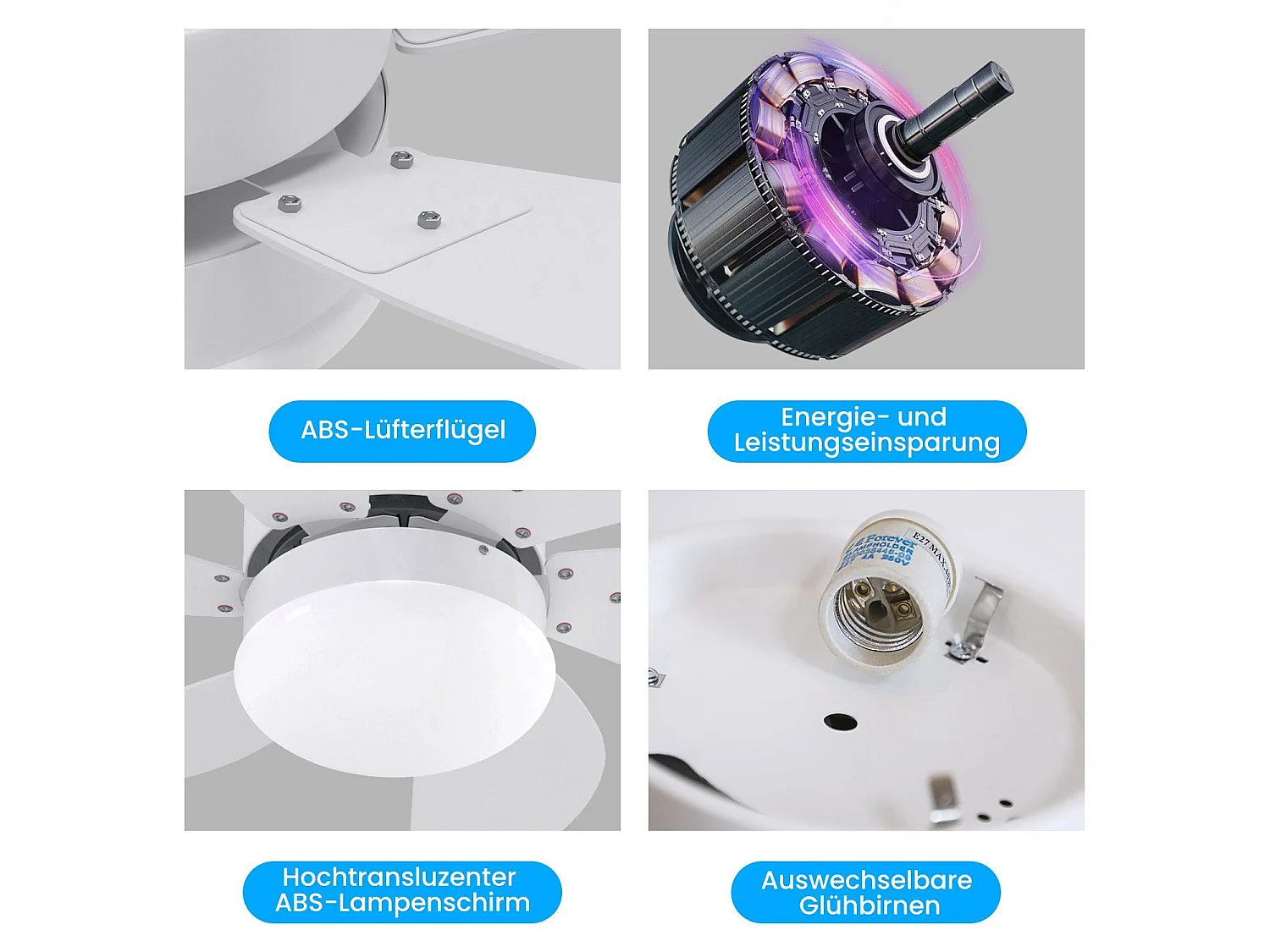 Ventilatore da soffitto NETTLIFE bianco con luce, telecomando, funzionamento silenzioso, timer, 6 pale, per camera da letto