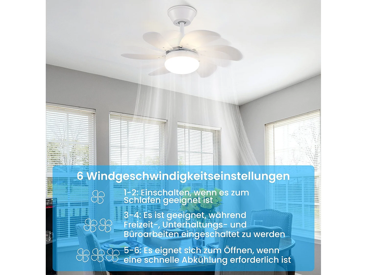 Ventilatore da soffitto NETTLIFE bianco con luce, telecomando, funzionamento silenzioso, timer, 6 pale, per camera da letto