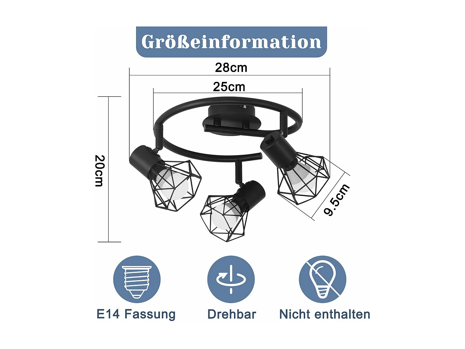 NETTLIFE 3 Spots de Plafond Rond E14 Noir Rétro Pivotants en Métal pour Chambre Salon Étude Couloir, Max. 25W (Ampoules Non Incluses)