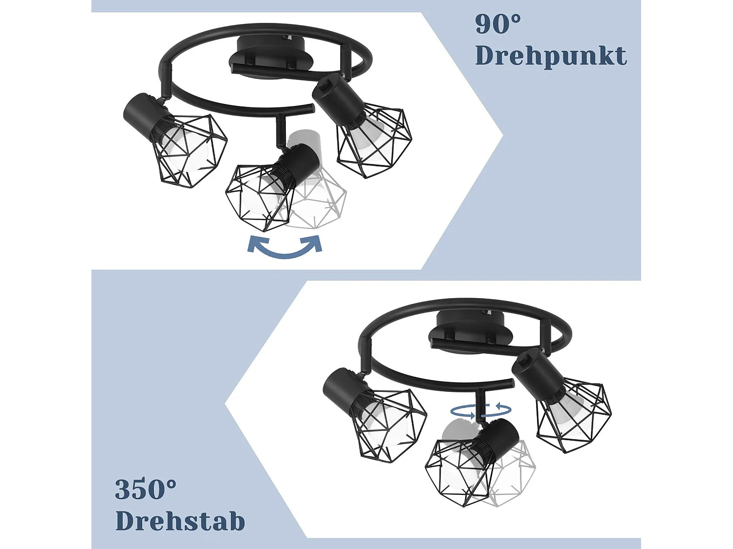 NETTLIFE 3 Spots de Plafond Rond E14 Noir Rétro Pivotants en Métal pour Chambre Salon Étude Couloir, Max. 25W (Ampoules Non Incluses)