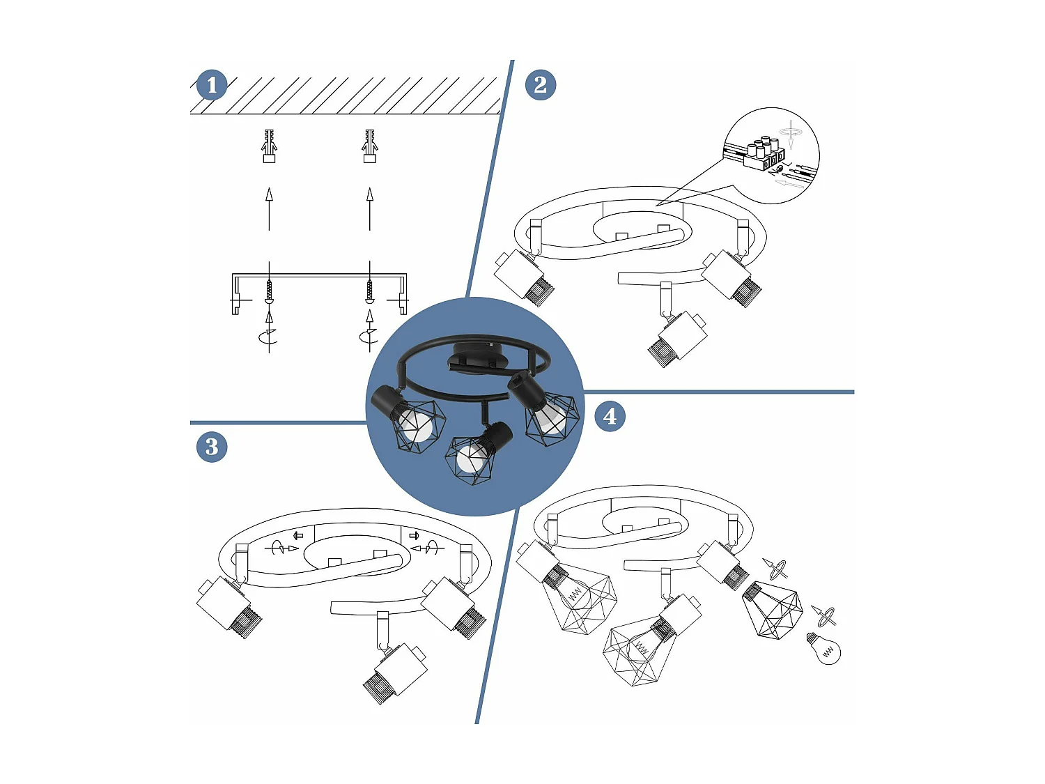 NETTLIFE 3 Spots de Plafond Rond E14 Noir Rétro Pivotants en Métal pour Chambre Salon Étude Couloir, Max. 25W (Ampoules Non Incluses)