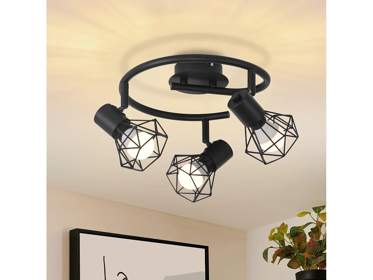 NETTLIFE 3 Spots de Plafond Rond E14 Noir Rétro Pivotants en Métal pour Chambre Salon Étude Couloir, Max. 25W (Ampoules Non Incluses)