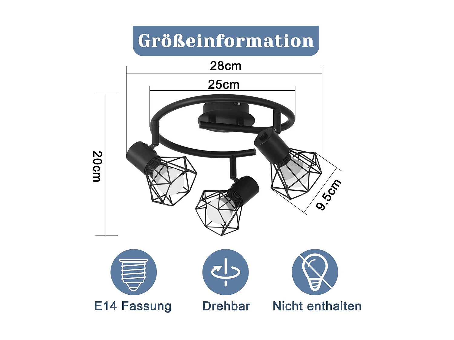 NETTLIFE 3 Spots de Plafond Rond E14 Noir Rétro Pivotants en Métal pour Chambre Salon Étude Couloir, Max. 25W (Ampoules Non Incluses)
