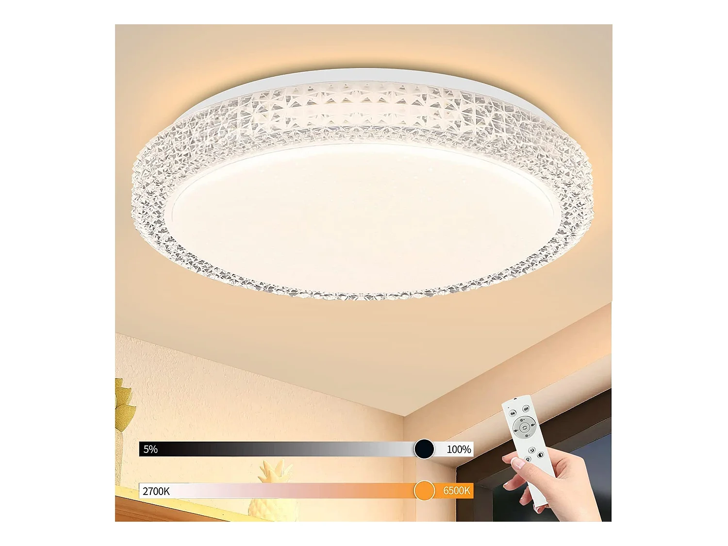 NETTLIFE Plafonnier LEDavec télécommande à intensité variable 18W, diamètre 30cm, ciel étoilé en cristal moderne, adapté pour chambre à coucher, salon