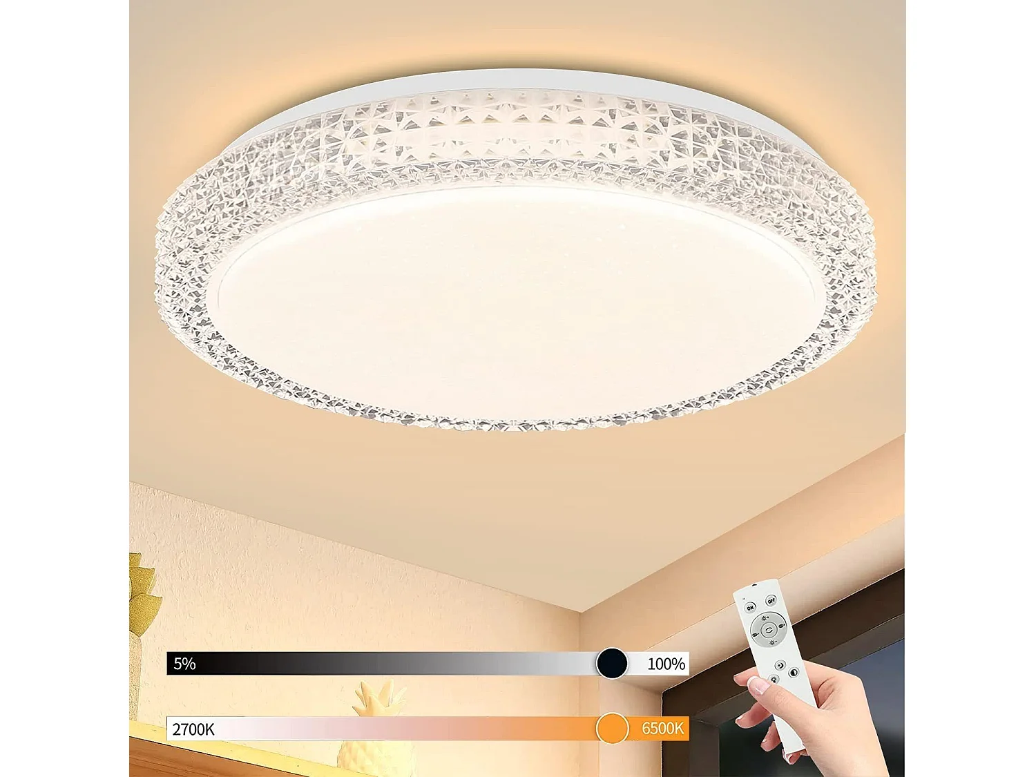 NETTLIFE Plafonnier LEDavec télécommande à intensité variable 18W, diamètre 30cm, ciel étoilé en cristal moderne, adapté pour chambre à coucher, salon